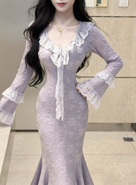 法式温柔紫色蕾丝飘带立体连衣裙女纯欲蕾丝收腰包臀显瘦鱼尾长裙