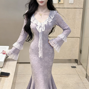 法式温柔紫色蕾丝飘带立体连衣裙女纯欲蕾丝收腰包臀显瘦鱼尾长裙