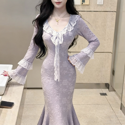 法式温柔紫色蕾丝飘带立体连衣裙女纯欲蕾丝收腰包臀显瘦鱼尾长裙