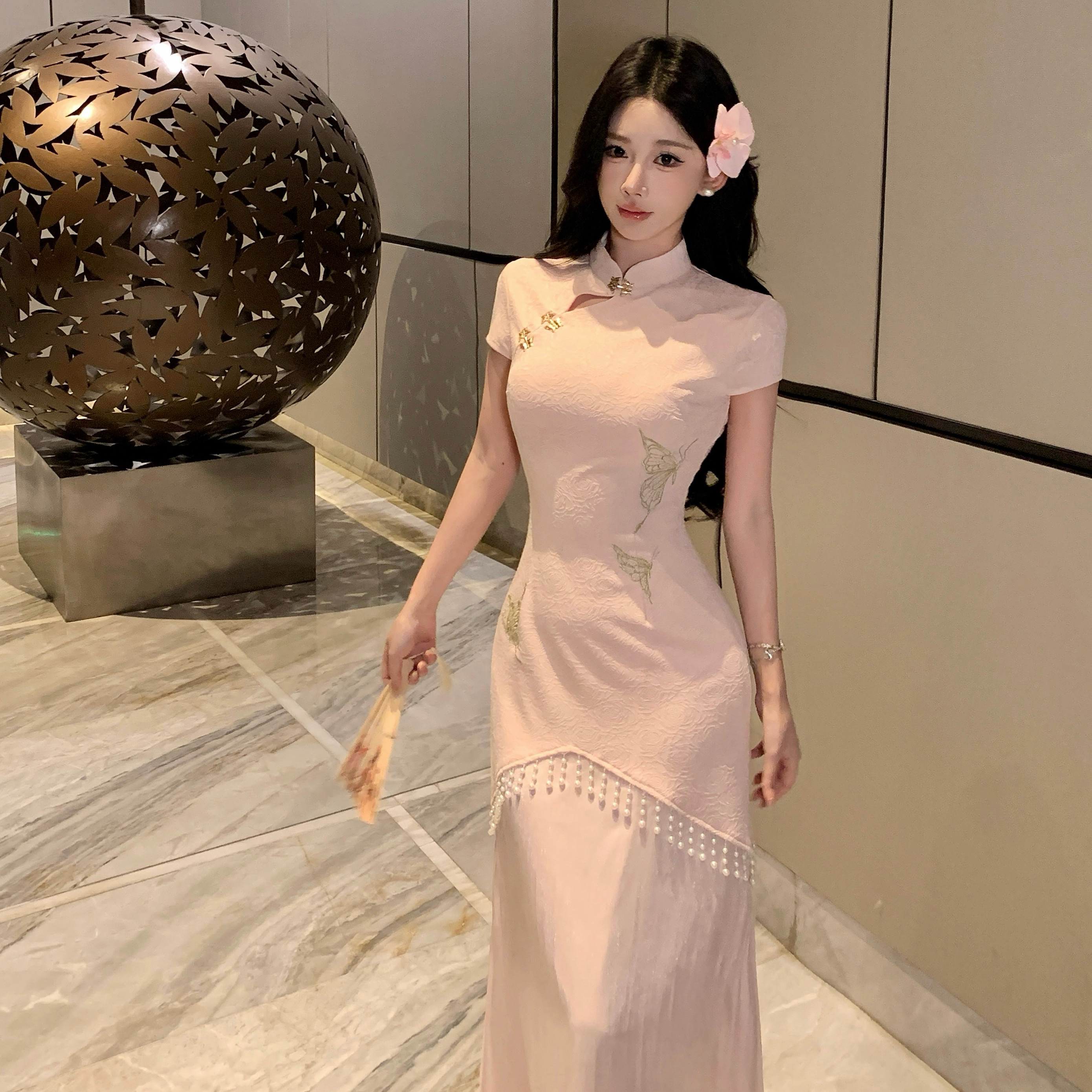 Mimo dk 玉簪记'新中式蝴蝶流苏假两件旗袍女春夏刺绣针织连衣裙
