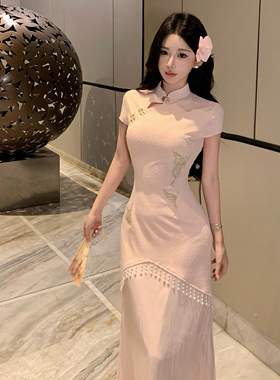 Mimo dk 玉簪记'新中式蝴蝶流苏假两件旗袍女春夏刺绣针织连衣裙