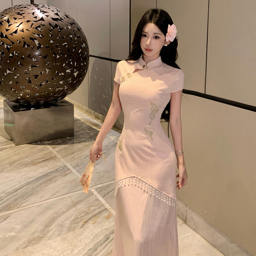 Mimo dk 玉簪记'新中式蝴蝶流苏假两件旗袍女春夏刺绣针织连衣裙
