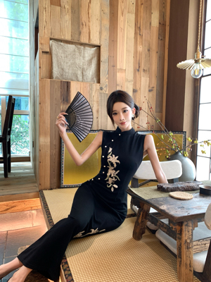 【黑百合】新中式黑色改良旗袍重工刺绣高级感国风连衣裙结婚敬酒