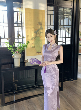 Mimo dk新中式国风水滴领紫色提花改良旗袍气质连衣裙比天仙+棠枝