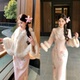 新中式 粉色改良旗袍加厚减龄温柔复古国风连衣裙秋冬斗篷披肩套装