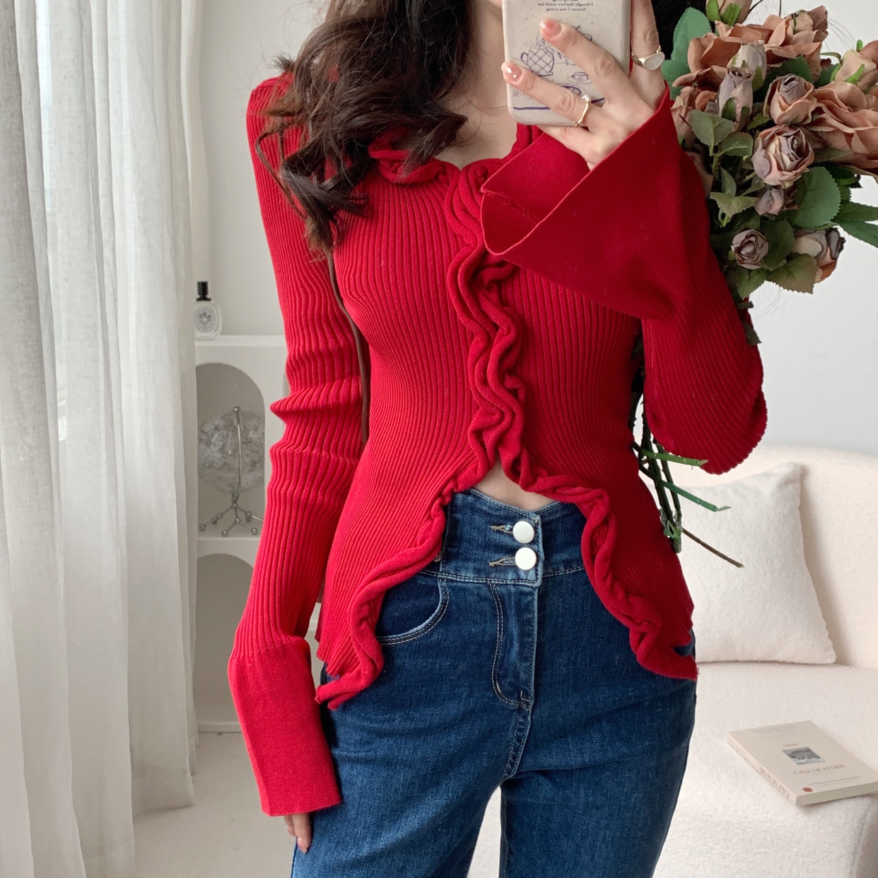 Mimo dk复古v领木耳边褶皱针织开衫女秋喇叭袖性感修身红色上衣,女装/女士精品,毛针织衫,淘宝优惠券,粉丝福利购,淘宝优惠卷