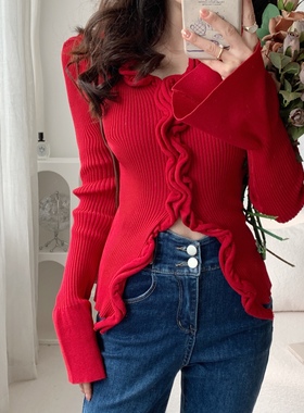 Mimo dk复古v领木耳边褶皱针织开衫女秋喇叭袖性感修身红色上衣