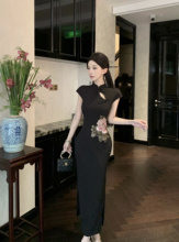 复古新中式改良玫瑰刺绣旗袍连衣裙女夏季修身显瘦气质黑色长裙