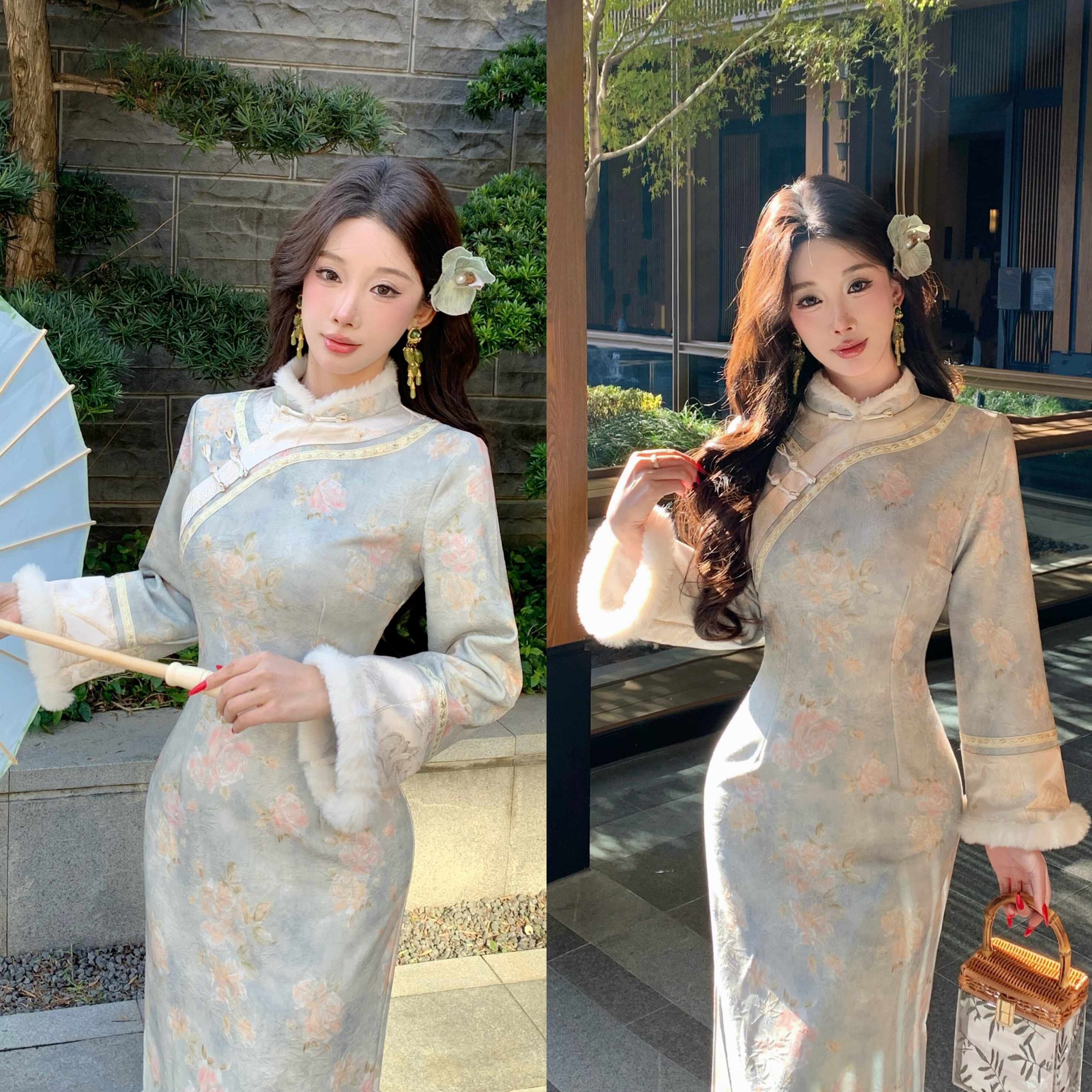 新中式温柔国风清宫厚款针织提花毛毛改良旗袍连衣裙 清宫争宠绿