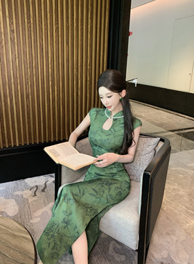 Mimo dk新中式绿色提花改良水滴领贝壳袖旗袍连衣裙女 青梅煮酒绿