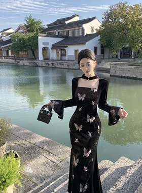 Mimo dk自制温柔显瘦黑色丝绒蝴蝶刺绣拼接鱼尾连衣裙 情丝蝶
