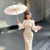 新中式 清宫芍药花旗袍 秋冬旗袍 国风温柔加绒厚款 针织提花毛毛袖