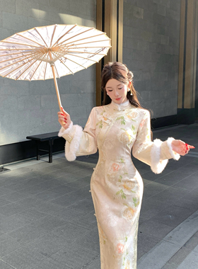 新中式国风温柔加绒厚款针织提花毛毛袖秋冬旗袍 清宫芍药花旗袍