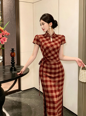 Mimo dk新中式国风复古红色格纹旗袍女春夏修身显瘦短袖连衣裙