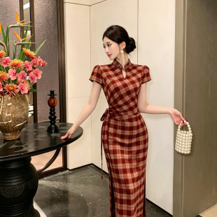 Mimo dk新中式国风复古红色格纹旗袍女春夏修身显瘦短袖连衣裙