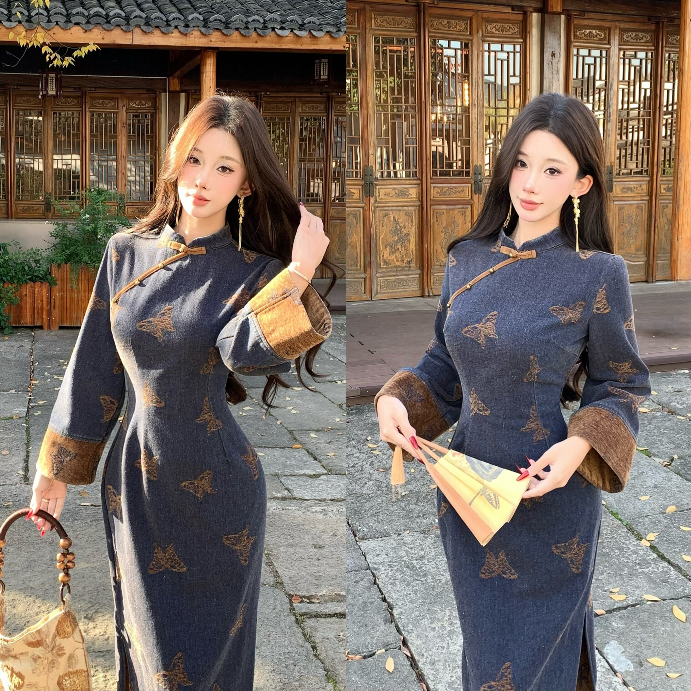 新中式国风复古蓝色提花改良旗袍连衣裙秋冬气质特别漂亮掐腰长裙