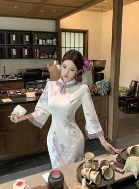 新中式国风温柔紫色蕾丝拼接提花改良旗袍倒大袖清冷感连衣裙女