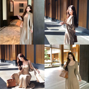 雕塑美学 慵懒风套装羊毛针织开衫外套披肩女秋背心连衣裙三件套