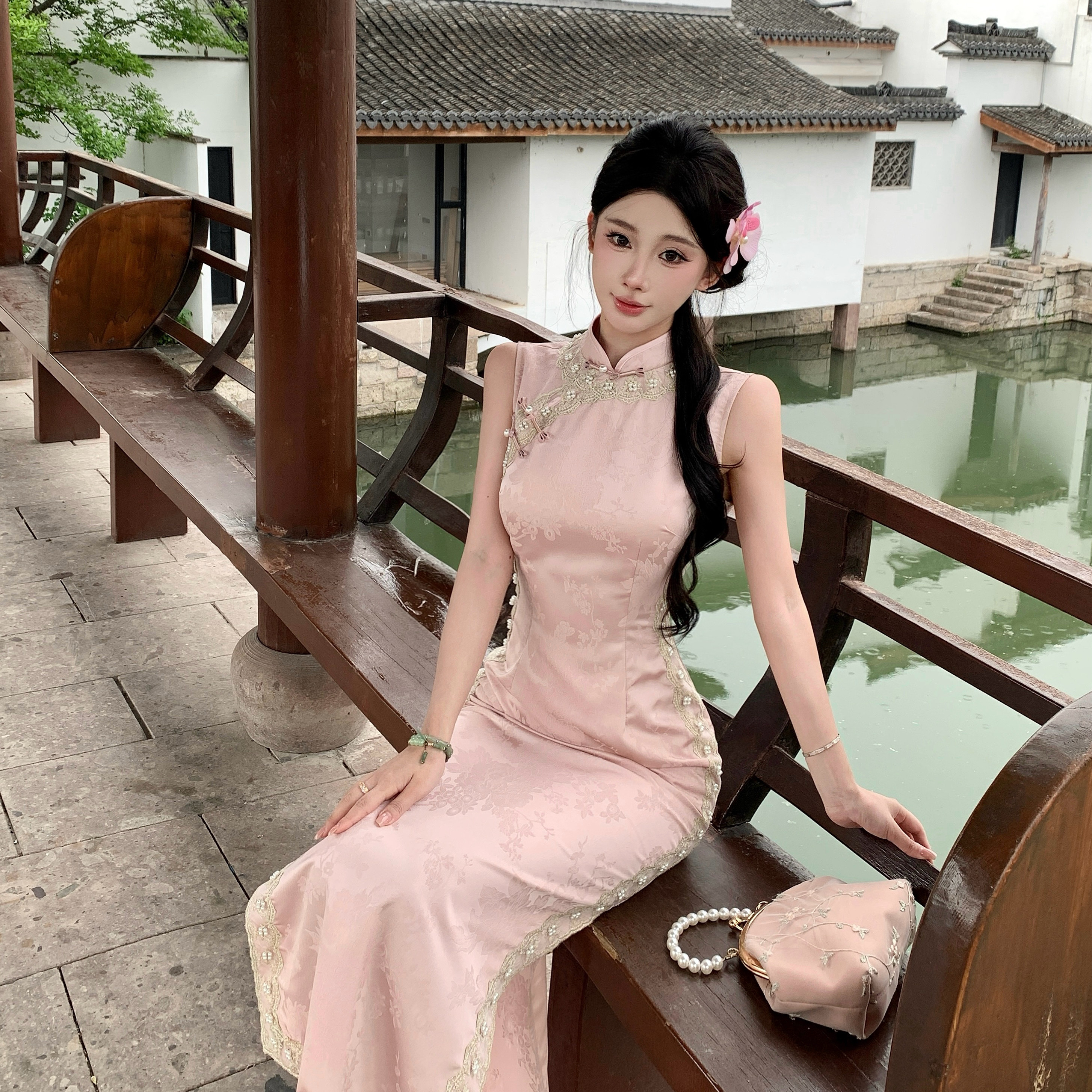 新中式国风温柔粉色蕾丝拼接提花无袖改良旗袍修身气质连衣裙少女