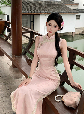 新中式国风温柔粉色蕾丝拼接提花无袖改良旗袍修身气质连衣裙少女