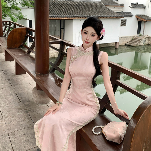 新中式国风温柔粉色蕾丝拼接提花无袖改良旗袍修身气质连衣裙少女