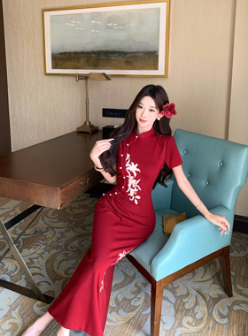【红百合】新中式红色改良旗袍重工刺绣国风短袖连衣裙结婚敬酒
