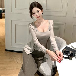 吊带背心女秋季 针织开衫 包臀半身裙三件套 气质长袖 轻熟风穿搭套装