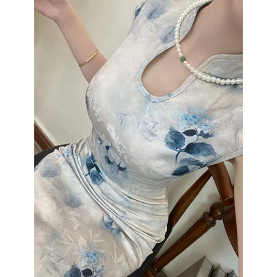 新中式国风清冷感水滴领贝壳袖改良旗袍连衣裙女气质修身包臀裙子