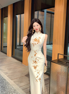 Mimo dk金枝欲孽国风港工牡丹金色刺绣修身白色无袖旗袍连衣裙