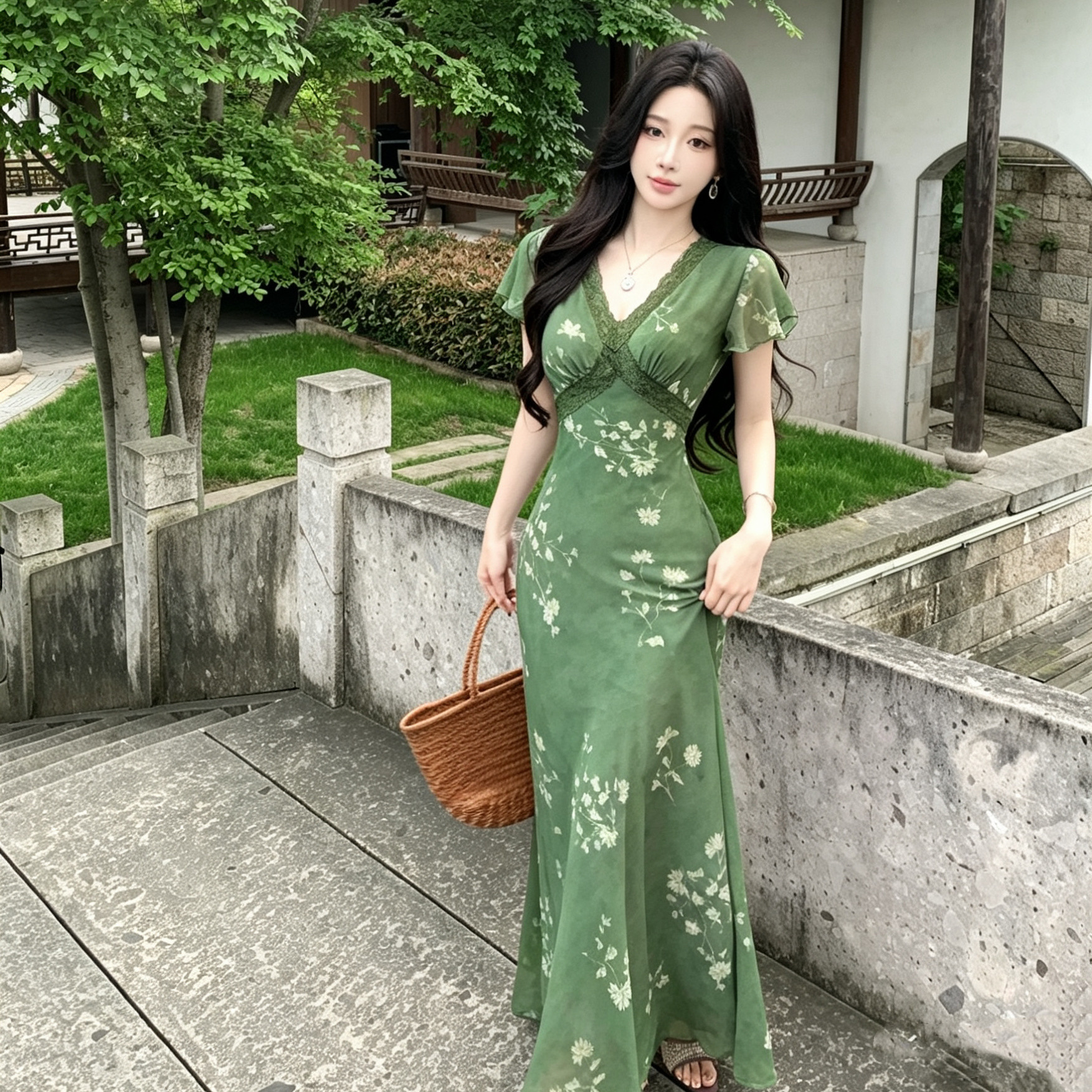 Mimo dk暮紫花庭法式绿色碎花小飞袖连衣裙女春夏蕾丝掐腰长裙
