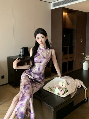 Mimo dk紫色显白新中式港工晕染旗袍国风立领盘扣连衣裙夏 醉生梦