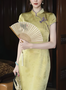 【庐州月】新中式绿色提花改良旗袍女国风气质收腰显瘦日常连衣裙