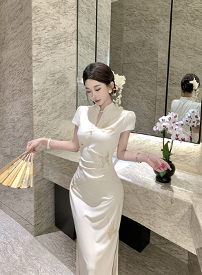 Mimo dk新中式蝴蝶刺绣镂空改良旗袍女夏季国风白色旗袍领连衣裙