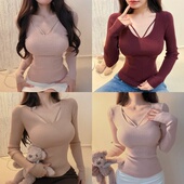 纯欲风u领长袖 上衣 收腰内搭辣妹粉色显瘦打底衫 针织衫 女秋冬修身