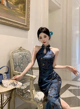 新中式国风提花缎面挖肩改良修身旗袍印花收腰连衣裙长裙 兰陵王