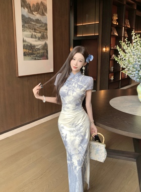 Mimo dk【青花瓷】新中式国风复古印花改良旗袍女蓝色收腰连衣裙