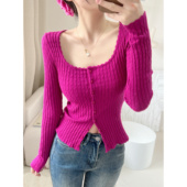 法式 女 毛衣开衫 复古小众立体提花方领单排扣针织衫 麻花坑条长袖