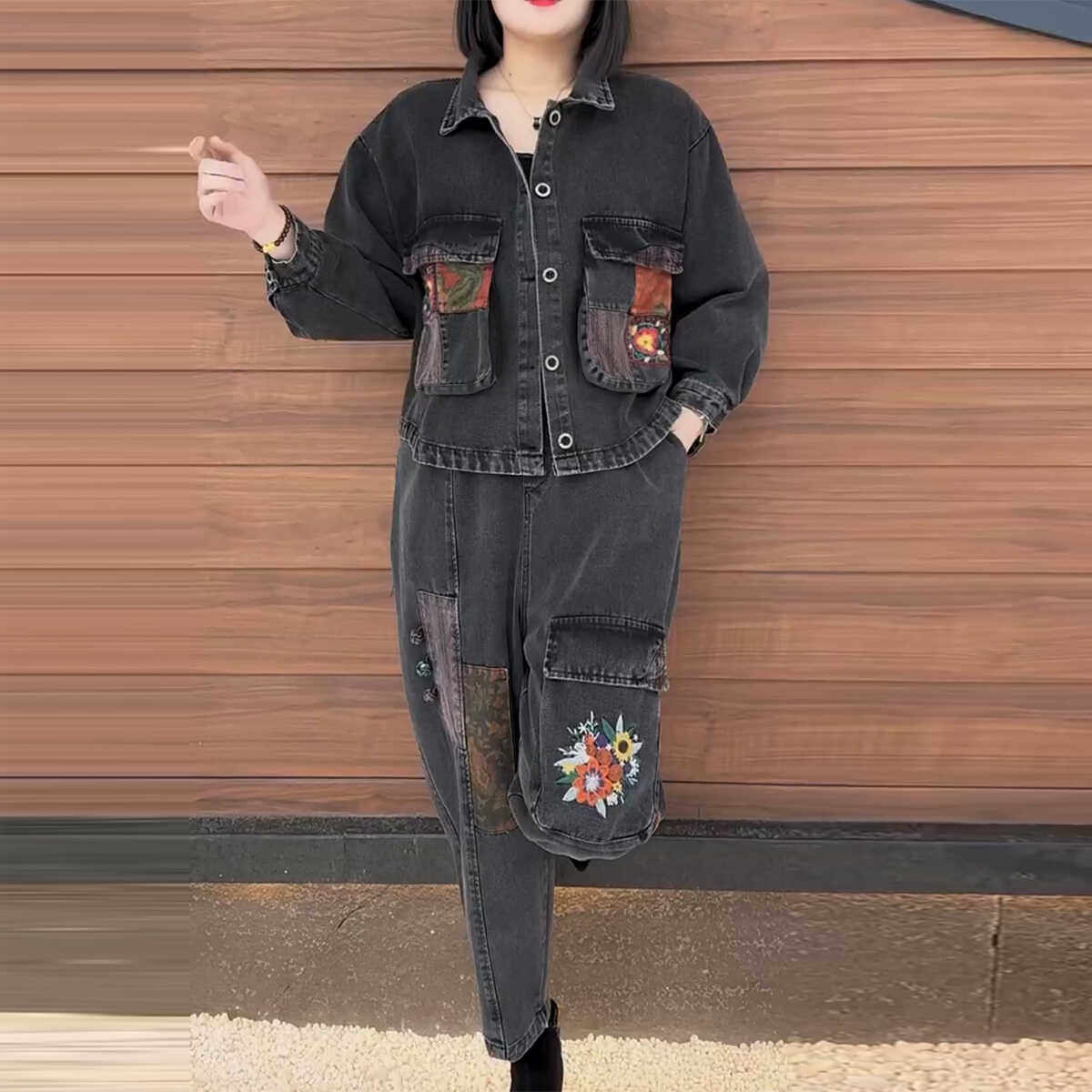 复古时尚刺绣牛仔套装女2025春新款大码洋气外套减龄哈伦裤两件套