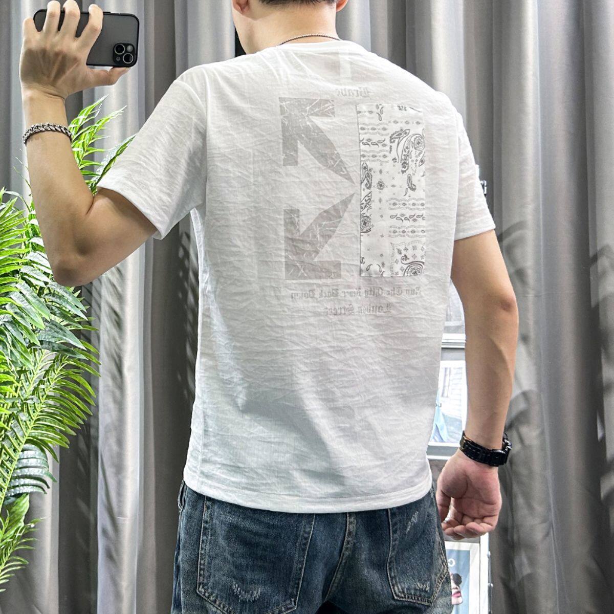 天丝麻棉短袖t恤男夏季薄款青年修身男士麻料半袖体恤透气上衣潮