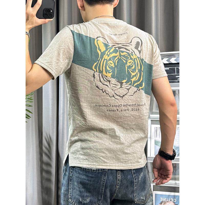 牛津麻棉薄款2025夏季新款男士短袖t恤潮流老虎印花青年修身凉感