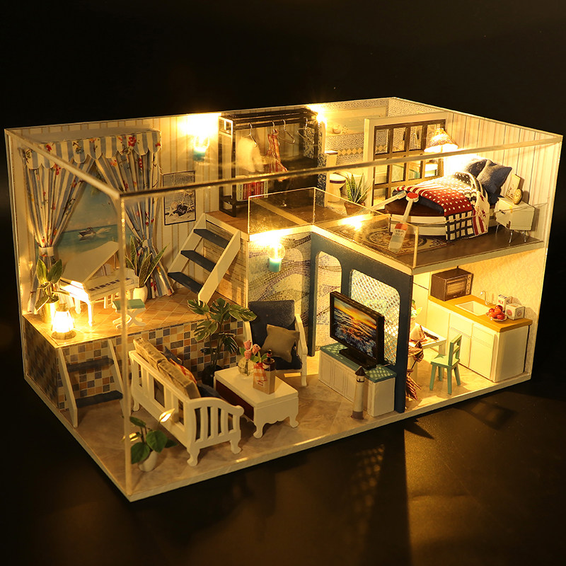 diy小屋粉黛阁楼木型制制作玩具拼模60898别墅房送子创意生日礼装