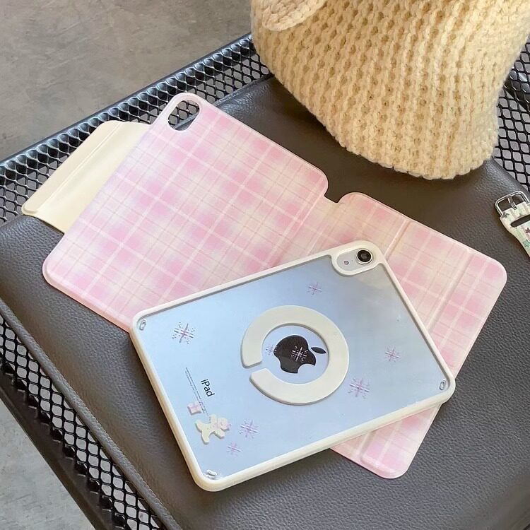 汪三岁「芝士莓莓」Y折磁吸拆分平板保护套pu仿皮搭扣款无笔槽Air456保护壳pro13寸格纹粉色ipad壳