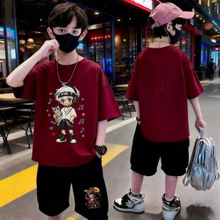 男童套装2026新款夏装中大童T恤上衣趣味卡通短袖休闲帅气短裤潮t