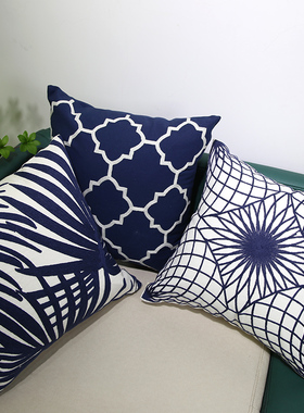 北欧几何刺绣花抱枕套样板房棉麻靠垫简约客厅沙发藏青飘窗风格枕