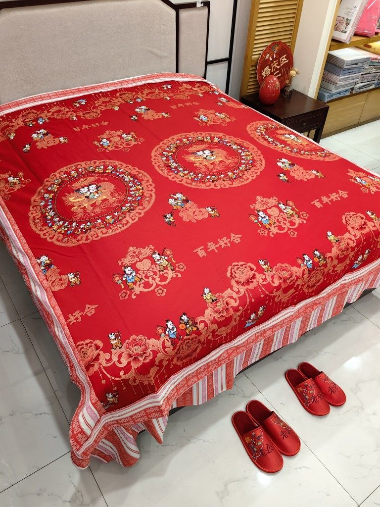 全棉结婚被套百子图龙凤呈祥中式婚庆纯棉被面被里床上大红绿被罩