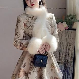 新中式国风碎花旗袍连衣裙秋冬季复古富家千金短款外套女两件套装