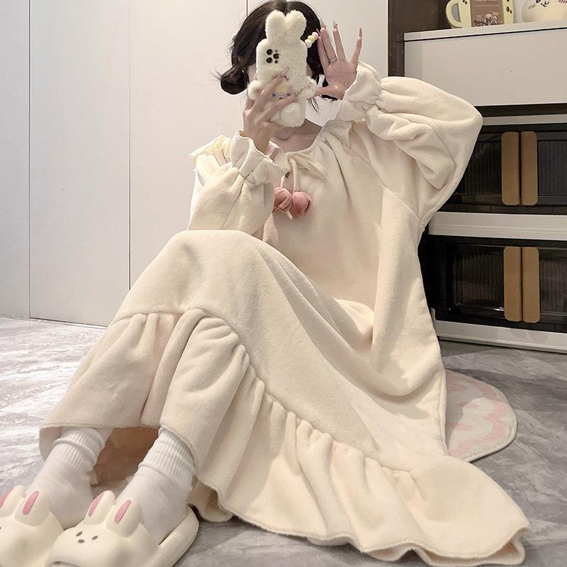 秋冬季珊瑚绒睡裙加厚韩版学生可爱公主风睡衣裙宽松大码胖mm长款