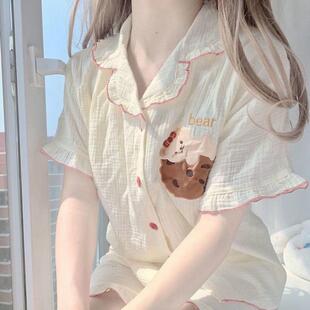 眼里有光~日系ins可爱小熊女夏季天新款甜美荷叶边短袖短裤套装