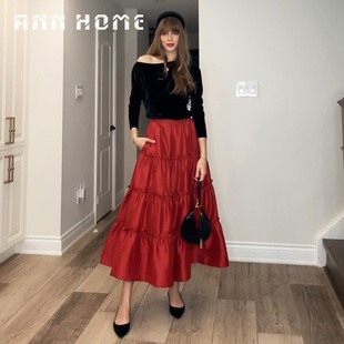 白安家 新年套装法式复古赫本风黑丝绒上衣红色A字半身长裙女秋冬