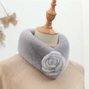 獭兔毛皮草围脖整皮毛绒加厚吸扣韩版女生纯色花朵秋冬季保暖围巾